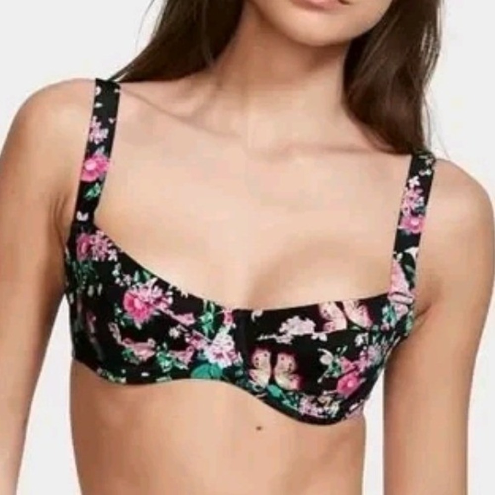 Victoria's Secret Black Pink Floral Butterfly Underwire‎ Bikini Top 34D D75